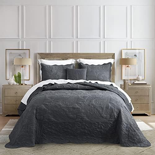 HZ HY Oversized King Bedspread Set 128x120 Reversible Dark Grey