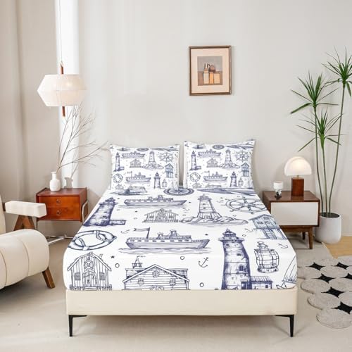 Homewish Sea Nautical Queen Sheet Set 3Pcs with Lighthouse Design