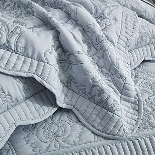 CHIXIN Oversized Bedspread Set - King Size Light Grey Damask Paisley Pattern
