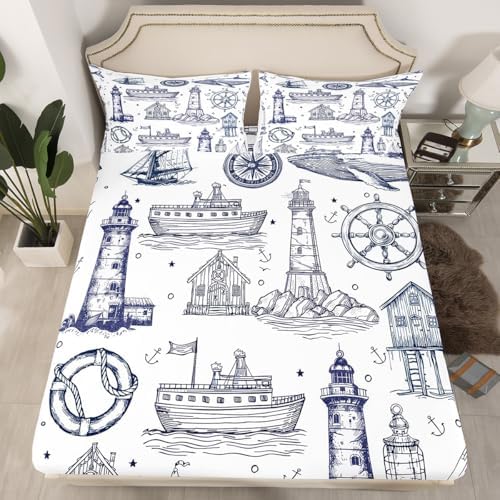 Homewish Sea Nautical Queen Sheet Set 3Pcs with Lighthouse Design