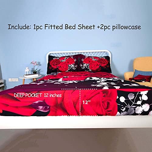 EsyDream 3D Red Rose Fitted Sheet Set - 3 Pieces King Size