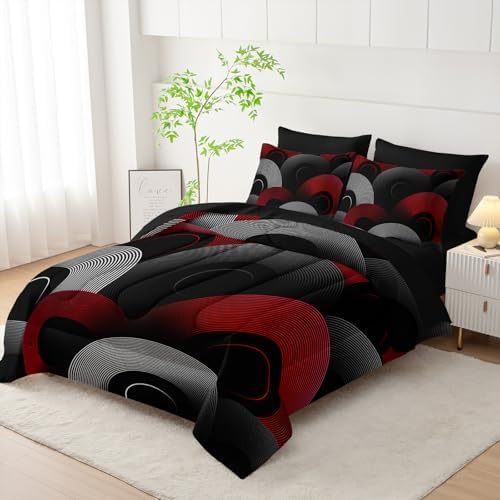 7 Piece Black and Red King Comforter Set with Geometric Pattern