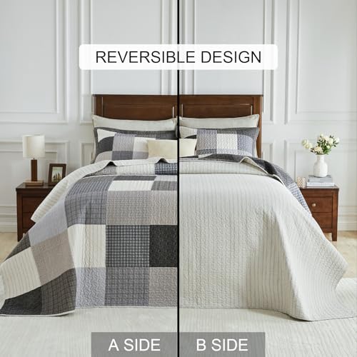 SahSahCasa 120x102 100 Cotton Oversized Queen Quilt Bedspread Set Gray 1