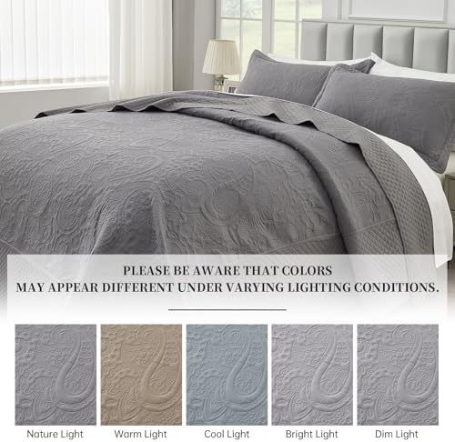 Suchbed California King Bedspread Set 128x120 Grey Paisley Quilt