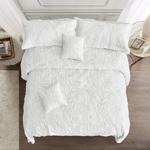 HZ HY Leaves Pattern Queen Bedspread Set Reversible Lightweight 5 Piece White