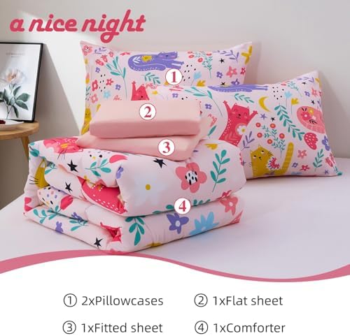A Nice Night - Kids Boys Floral Cats Bedding Set 5Pcs