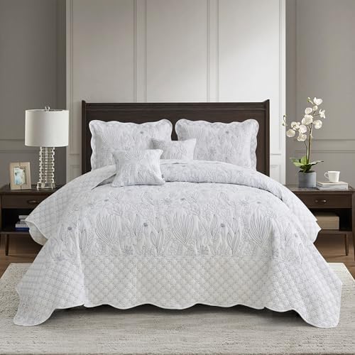 CHIXIN Botanical Bedspread Set - Full Size Leaves Pattern 4 Piece White