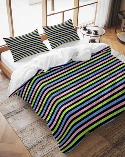 ZOE GARDEN Pink Blue Stripe Duvet Cover Set 3 Piece