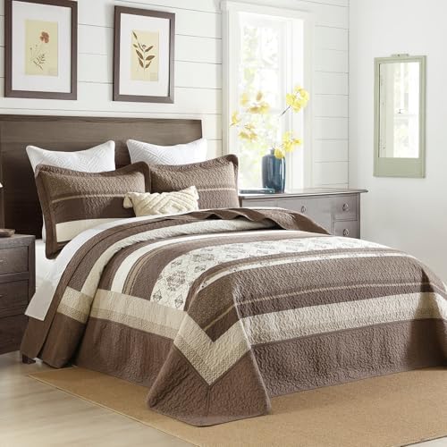 SahSahCasa Queen Bedspread Set 120x102 3pc Beige Dark Brown