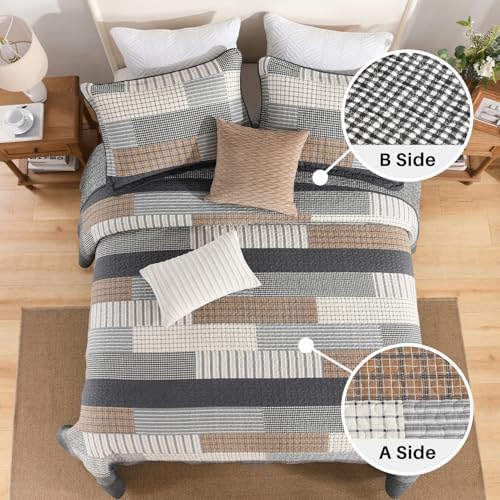 FineStichery 128x120 Gray Plaid King Bedspread Set