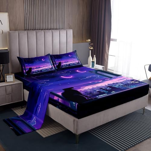 Jejeloiu King Size Cat Bed Sheets Set Purple Microfiber