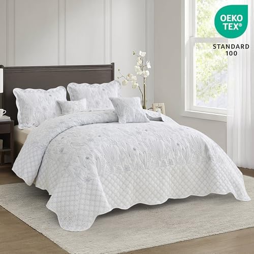 CHIXIN Botanical Bedspread Set - Full Size Leaves Pattern 4 Piece White