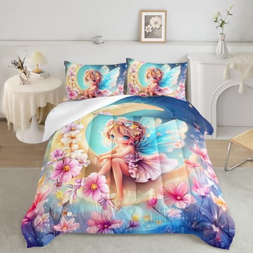 AILONEN Pink Flower Fairy Comforter Set for Kids