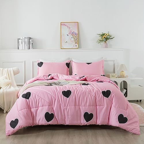 Caressma Love Heart Pink Queen Comforter Set 3 Pieces