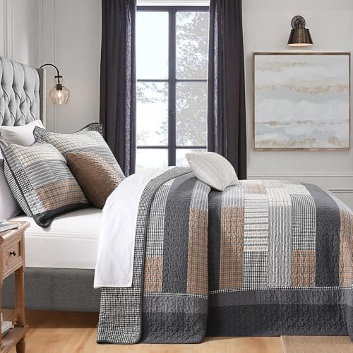 FineStichery 128x120 Gray Plaid King Bedspread Set