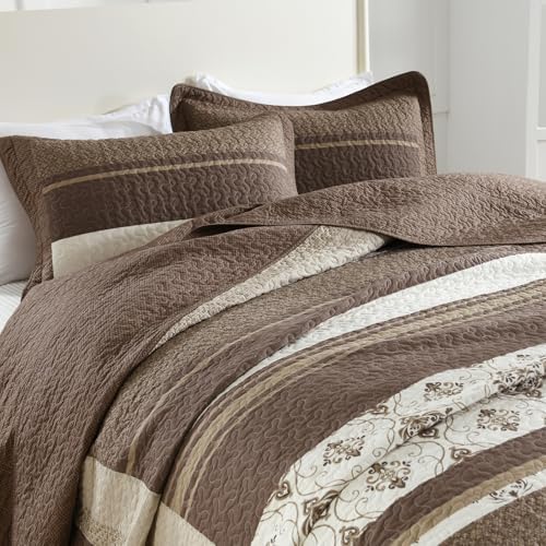 SahSahCasa Queen Bedspread Set 120x102 3pc Beige Dark Brown