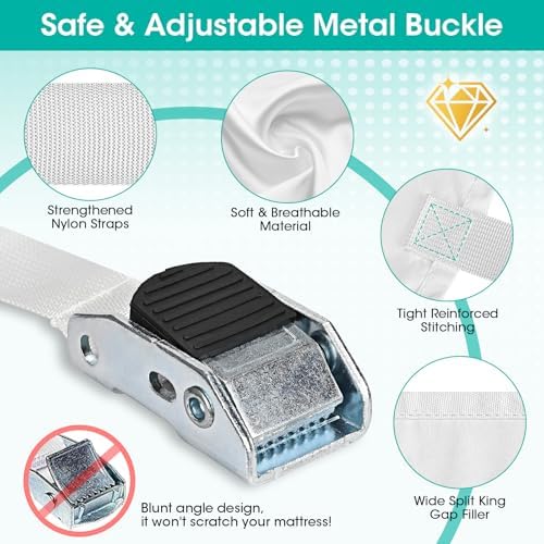 Twin to King Bed Bridge Converter with Metal Buckles and Straps - White