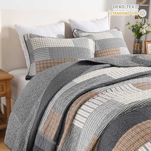 FineStichery 128x120 Gray Plaid King Bedspread Set