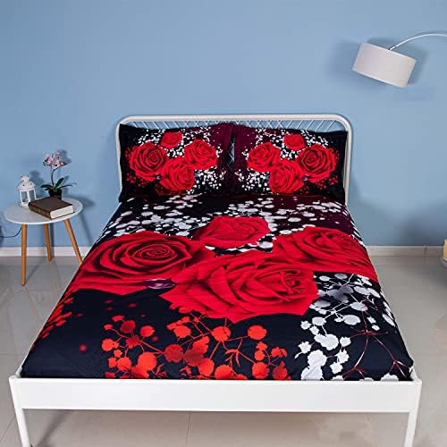 EsyDream 3D Red Rose Fitted Sheet Set - 3 Pieces King Size