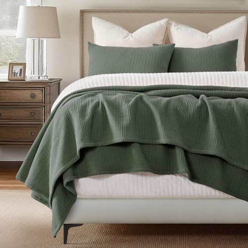 Evergracehome Cotton Gauze Queen Bedspread Set with 2 Shams Olive Green