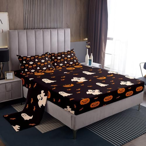 Jejeloiu King Size Pumpkin Lantern Kids Halloween Sheet Set