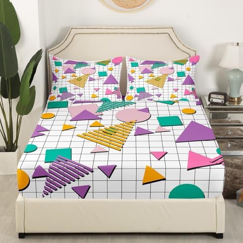 80s Memphis Purple Abstract Queen Sheet Set with Deep Pocket