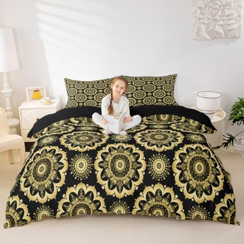 Jejeloiu Paisley Duvet Cover Set 3Pcs Black Gold Damask Pattern 1