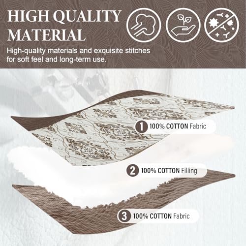 SahSahCasa Queen Bedspread Set 120x102 3pc Beige Dark Brown