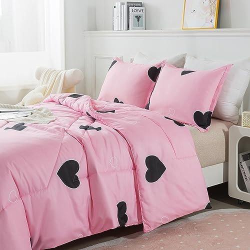 Caressma Love Heart Pink Queen Comforter Set 3 Pieces