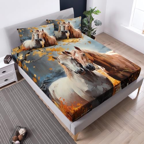 White Brown Horses Fitted Sheet Queen Size Set