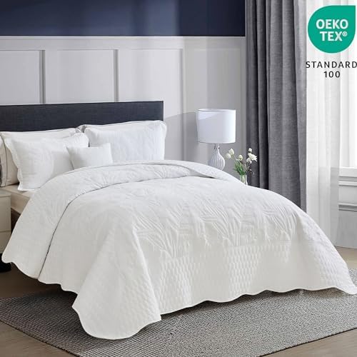 DaisyHuang Botanical Bedspread Set - Leaves Pattern Reversible 4 Piece White