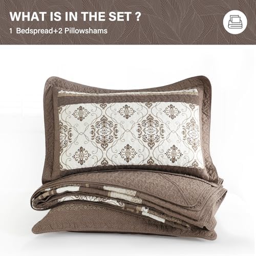 SahSahCasa Queen Bedspread Set 120x102 3pc Beige Dark Brown