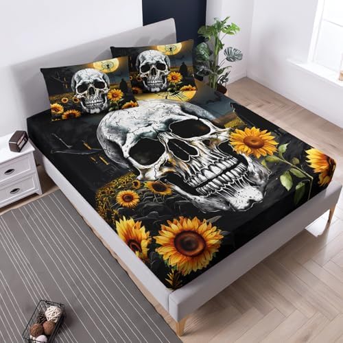 Gothic Skull Fitted Sheet with Sunflower Pattern Queen Size Set