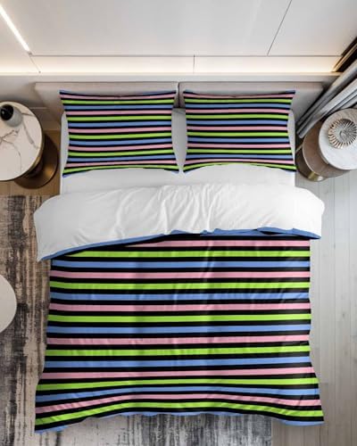 ZOE GARDEN Pink Blue Stripe Duvet Cover Set 3 Piece