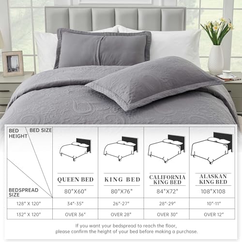 Suchbed California King Bedspread Set 128x120 Grey Paisley Quilt