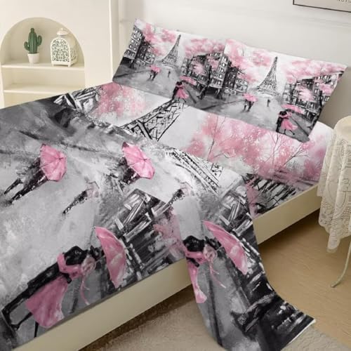 Kxry Pink Paris Eiffel Tower Fitted Sheet Set