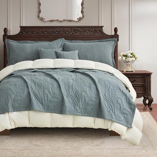 HZ HY Leaves Pattern Oversized King Bedspread Set Grey