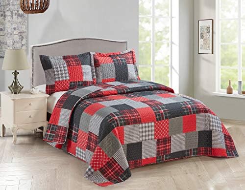 Fancy Linen Plaid Patchwork Bedspread Set Full Queen