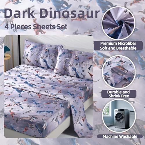 SDIII 4PCS Dinosaur Queen Sheet Set Soft Microfiber Dino Bedding for Kids