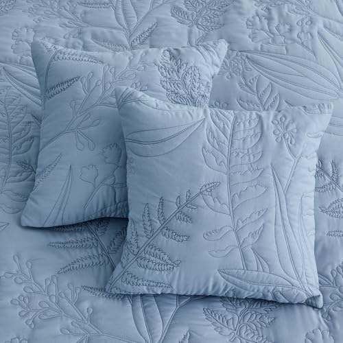 DaisyHuang Botanical Bedspread Set - Leaves Pattern Reversible 4 Piece Ashley Blue