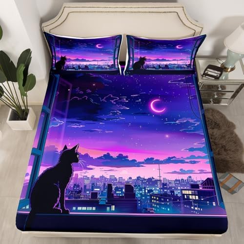 Jejeloiu King Size Cat Bed Sheets Set Purple Microfiber
