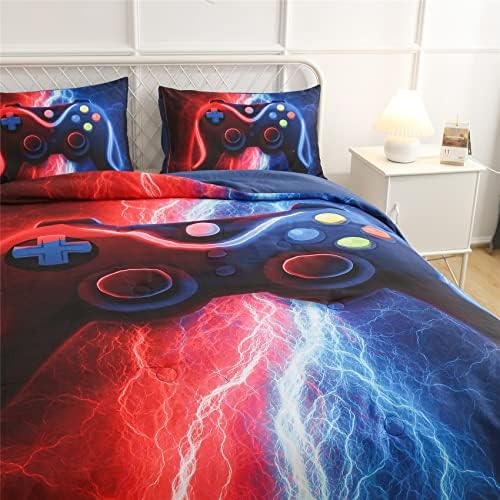 Gamer Gamepad Comforter Set for Boys Red-Blue Lightning Design