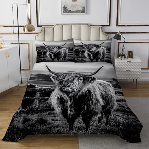 Highland Cow Bedspread King Size Grey Bull Quilt Set