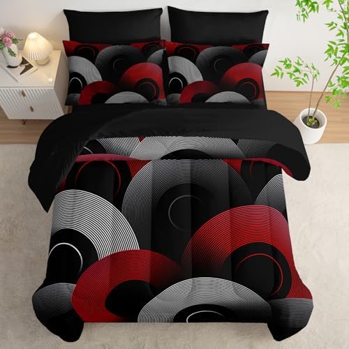 7 Piece Black and Red King Comforter Set with Geometric Pattern