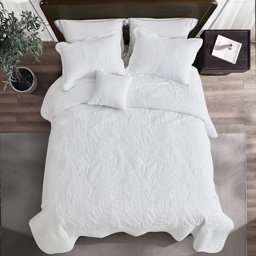 DaisyHuang Botanical Bedspread Set - Leaves Pattern Reversible 4 Piece White