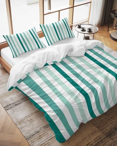 ZOE GARDEN Green Stripe Queen Duvet Cover Set 3 Piece 1