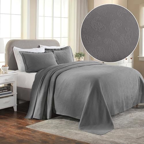 Superior Paisley 3 Piece Cotton Bedspread Set - Queen Size Grey