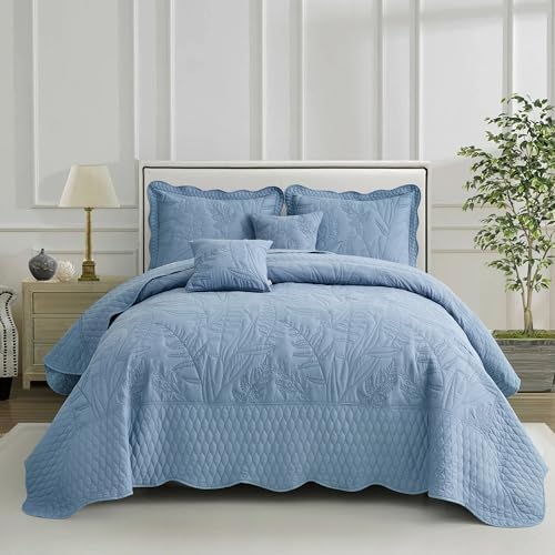 DaisyHuang Botanical Bedspread Set - Leaves Pattern Reversible 4 Piece Ashley Blue