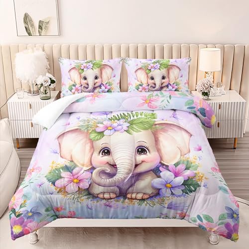Elephant Flowers Comforter Set 3pcs for Kids