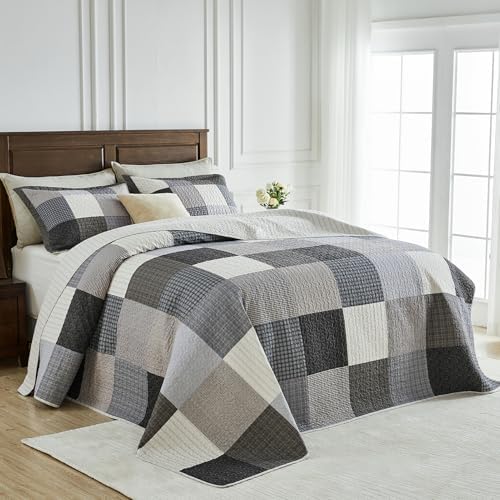 SahSahCasa 120x102 100 Cotton Oversized Queen Quilt Bedspread Set Gray 1